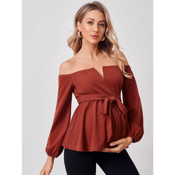 Maternity V Off Shoulder Belted long sleeve Top black - Picture 8 of 8